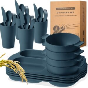 24 Pcs Wheat Straw Dinnerware Cutlery Sets, Kids Toddlers Divided Plates Unbreakable Bowl Microwave Dishwasher Safe Tableware Cutlery Spoon Knife Fork Cup (Orange, Yellow, Beige, Green)