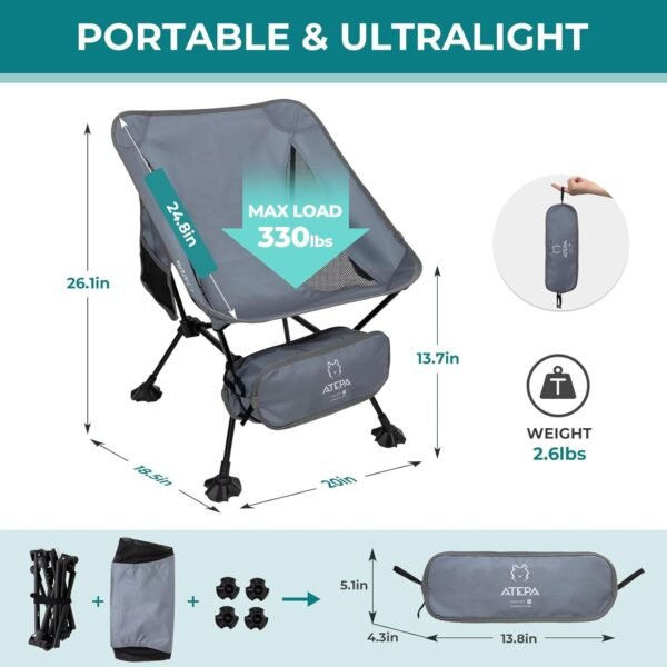Ultralight Camping Chair for Backpacking Hiking, Portable Compact Lightweight Folding Camp Chairs for Adults - Square Aluminum Frame with Anti-Sinking Feet for Beach Lawn Travel BBQ Outdoor