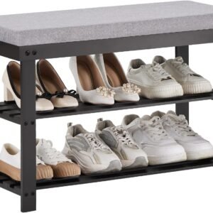 Bamboo Shoe Rack for Entryway, 3-Tier Shoe Rack Bench for Front Indoor Entrance, Small Shoe Organizer with Storage, 35.4 Inches, Black