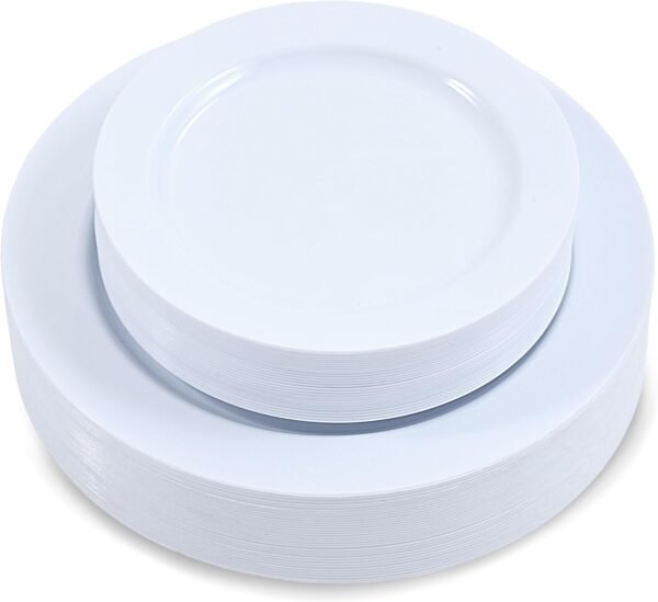 711ho4Z0ZmL._AC_SL1500.jpg 60-Piece Plastic Plates Set Premium 30 Dinner Plates & 30 Salad Plates Pack, Disposable Plates for Party - White Plastic Wedding Plates with Rose Gold Rim