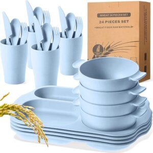 24 Pcs Wheat Straw Dinnerware Cutlery Sets, Kids Toddlers Divided Plates Unbreakable Bowl Microwave Dishwasher Safe Tableware Cutlery Spoon Knife Fork Cup (Orange, Yellow, Beige, Green)
