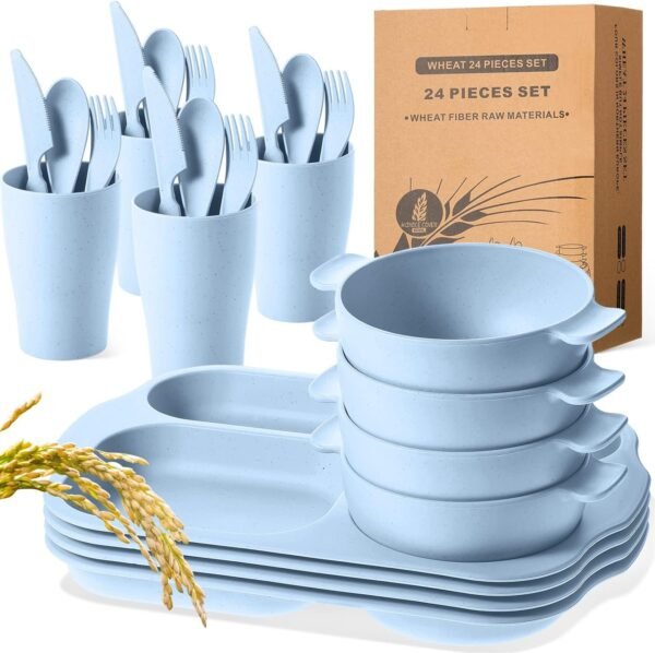 24 Pcs Wheat Straw Dinnerware Cutlery Sets, Kids Toddlers Divided Plates Unbreakable Bowl Microwave Dishwasher Safe Tableware Cutlery Spoon Knife Fork Cup (Orange, Yellow, Beige, Green)