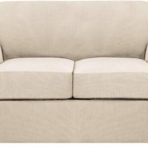 H.VERSAILTEX 3 Piece Stretch Sofa Covers for 2 Cushion Sofa Couch Covers for Living Room Furniture Cover (Base Cover Plus 2 Seat Cushion Covers) Thicker Jacquard Fabric(Large Sofa, Grey)