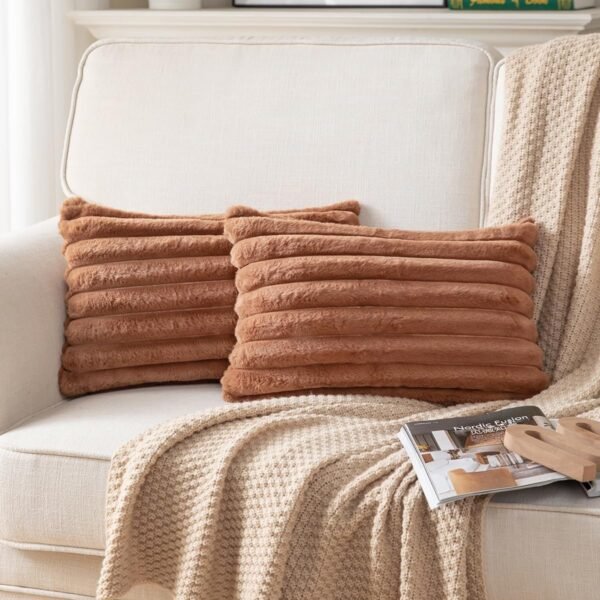 Pack of 2,Double-Sided Faux Fur Plush Decorative Throw Pillow Covers Fuzzy Striped Soft Pillowcase Cushion Covers for Sofa Couch Bedroom White 24x24 inch