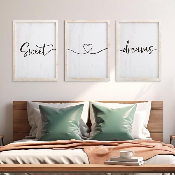 Sweet Dreams Wall Decor Above Bed 16''×12'' Set of 3 Farmhouse Bedroom Decor Wood Guest Room Decor Framed Wall Art (black frame)