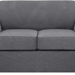 H.VERSAILTEX 3 Piece Stretch Sofa Covers for 2 Cushion Sofa Couch Covers for Living Room Furniture Cover (Base Cover Plus 2 Seat Cushion Covers) Thicker Jacquard Fabric(Large Sofa, Grey)