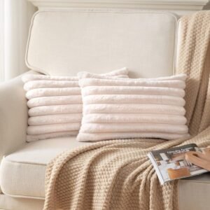 Pack of 2,Double-Sided Faux Fur Plush Decorative Throw Pillow Covers Fuzzy Striped Soft Pillowcase Cushion Covers for Sofa Couch Bedroom White 24x24 inch