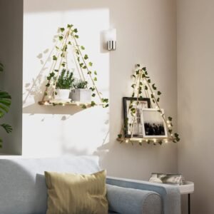 713aPxGACjL._AC_SL1500.jpg Artificial Ivy LED-Strip Wall Hanging Shelves Set of 2, Macrame Shelf for Bedroom Bathroom Living Room Kitchen, Wood Hanging Plant Shelves for Wall Décor