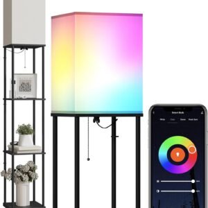 Floor Lamp with Shelves, Modern Square Standing Lamp with 3 Color Temperature Bulb, Corner Display Bookshelf Lamp for Living Room and Bedroom(Black)