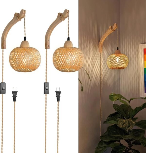 713n1btjWGL._AC_SL1500.jpg Bamboo Lantern Plug in Wall Sconces Wicker Wall Lamp with Plug in Cord Hand Woven Rattan Wall Light Farmhouse Rustic Wall Sconces Boho Sconces Wall Lighting for Living Room Bedroom
