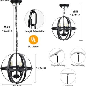 7144qJ42obL._AC_SL1500.jpg Vintage Pendant Hanging Light Fixtures, Flush Mount Ceiling Chandelier Lamp with Metal Spherical Shade for Kitchen, Dining Room, Living Room, Hallway, Entryway 3-Light, E12 Base-Matte Black