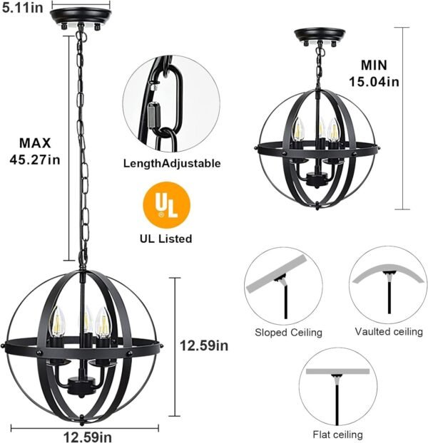 7144qJ42obL._AC_SL1500.jpg Vintage Pendant Hanging Light Fixtures, Flush Mount Ceiling Chandelier Lamp with Metal Spherical Shade for Kitchen, Dining Room, Living Room, Hallway, Entryway 3-Light, E12 Base-Matte Black