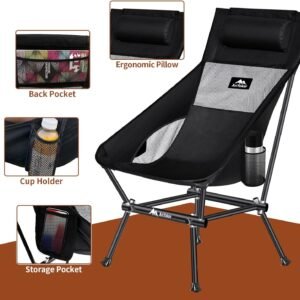 Camping Chair, Compact Backpacking Chair, Portable Folding Chair, Beach Chair with Side Pocket and headrest, Lightweight Hiking Chair 166ZZ-A （Black）