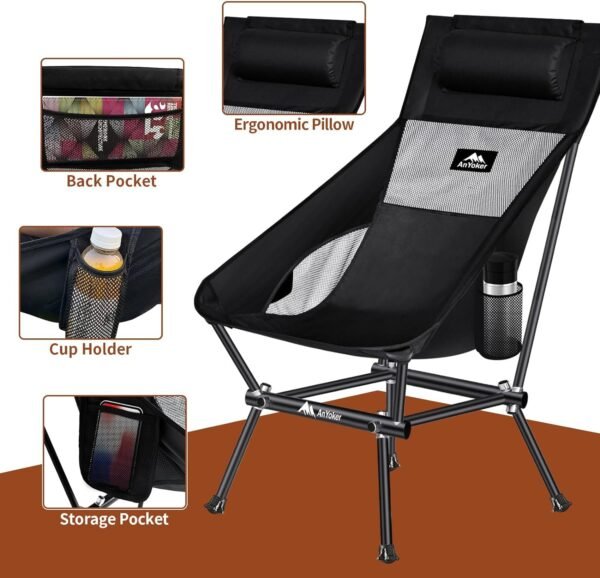 Camping Chair, Compact Backpacking Chair, Portable Folding Chair, Beach Chair with Side Pocket and headrest, Lightweight Hiking Chair 166ZZ-A （Black）