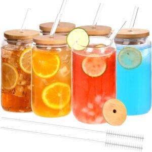 714qyQEl3HL._AC_SL1500.jpg 12pcs Glass Cups with Bamboo Lids and Glass Straws Set-16oz Can Shaped Drinking Glasses, Beer Glasses, Iced Coffee Glasses, Cute Tumbler Cup, Ideal for Whiskey,Cocktail,Wine,Gift-2 Cleaning Brushes