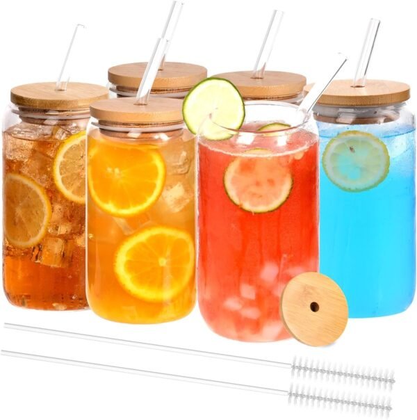 714qyQEl3HL._AC_SL1500.jpg 12pcs Glass Cups with Bamboo Lids and Glass Straws Set-16oz Can Shaped Drinking Glasses, Beer Glasses, Iced Coffee Glasses, Cute Tumbler Cup, Ideal for Whiskey,Cocktail,Wine,Gift-2 Cleaning Brushes