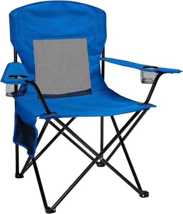 Portable Camping Chair Folding Quad Outdoor Lawn Chairs Cooling Mesh Back, Adjustable Arm Height, 2 Cup Holder, Side Pocket for Concert, Carry Bag for Sports Support 300lbs(Blue Mesh)