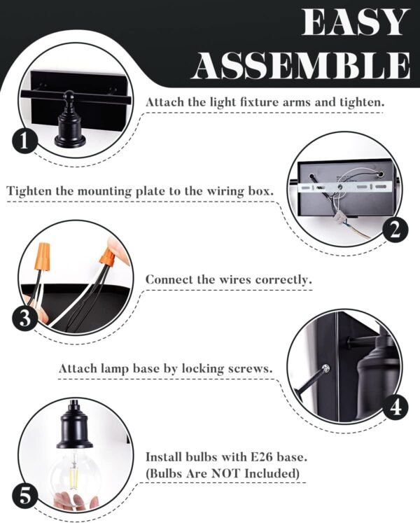 3-Light Vanity Light Fixture, Industrial Black Wall Sconce Lighting Fixture, Farmhouse Vanity Wall Lights Over Mirror, E26 Base Indoor Wall Lamp for Bathroom (Bulb Not Included)