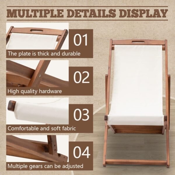 Lounge Chair Outdoor Beach Chair Set of 2, Beach Sling Chair Chairs Set of 2 , Wooden Folding Outdoor Chairs for Outside, 3 Level Height Adjustable, Portable Reclining Beach Chair