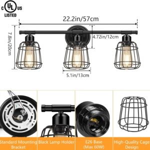 3-Light Bathroom Vanity Light Fixtures Over Mirror, Matte Black Bathroom Lighting Fixtures with Cage, E26 Base Farmhouse Wall Sconces for Bedroom Cabinets Living Room, UL Listed