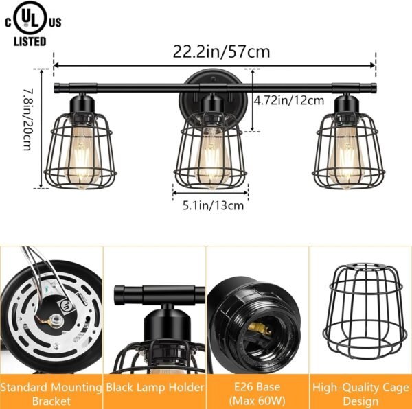 3-Light Bathroom Vanity Light Fixtures Over Mirror, Matte Black Bathroom Lighting Fixtures with Cage, E26 Base Farmhouse Wall Sconces for Bedroom Cabinets Living Room, UL Listed