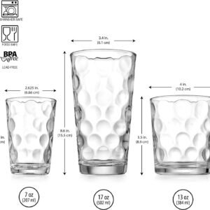 Home Essentials & Beyond Glassware Set 18 Piece Mixed Drinkware. Set of 6 Glass Tumblers 17 oz., Set of 6 Rock 13 oz. and Set of 6 Juice 7 oz Glass Cups Drinking Glasses.