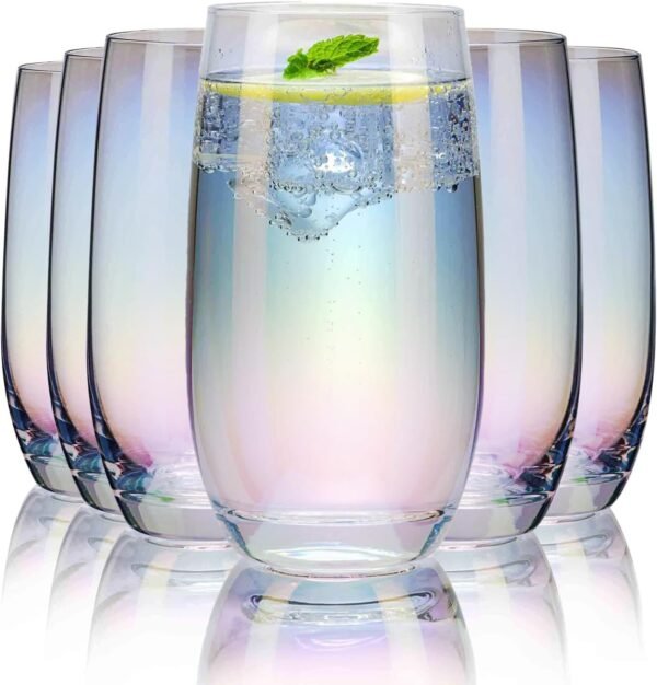 Iridescent Drinking Glasses Set of 6 - Crystal Highball Water Glasses - Glass Cups for Water, Juice, Beverage, Mojito-15 Oz