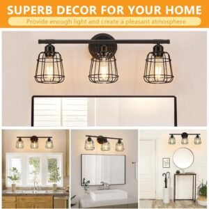 3-Light Bathroom Vanity Light Fixtures Over Mirror, Matte Black Bathroom Lighting Fixtures with Cage, E26 Base Farmhouse Wall Sconces for Bedroom Cabinets Living Room, UL Listed