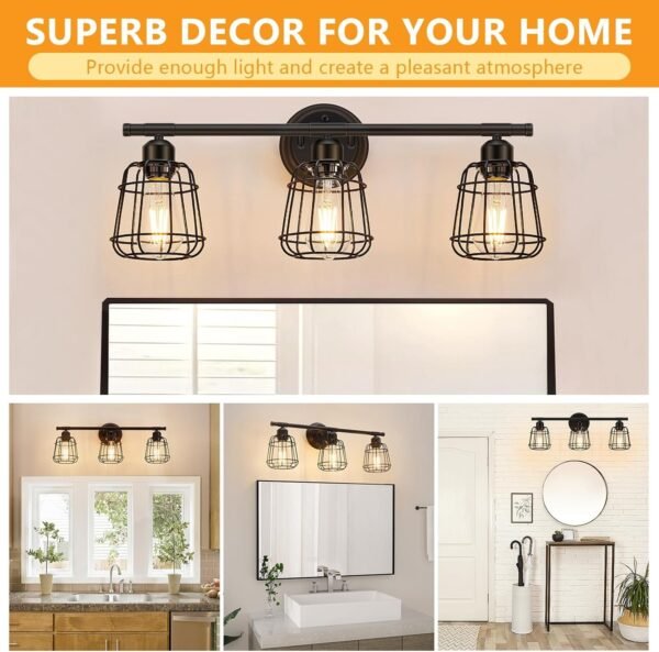 3-Light Bathroom Vanity Light Fixtures Over Mirror, Matte Black Bathroom Lighting Fixtures with Cage, E26 Base Farmhouse Wall Sconces for Bedroom Cabinets Living Room, UL Listed