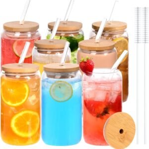 7178xG0ntgL._AC_SL1500.jpg 12pcs Glass Cups with Bamboo Lids and Glass Straws Set-16oz Can Shaped Drinking Glasses, Beer Glasses, Iced Coffee Glasses, Cute Tumbler Cup, Ideal for Whiskey,Cocktail,Wine,Gift-2 Cleaning Brushes
