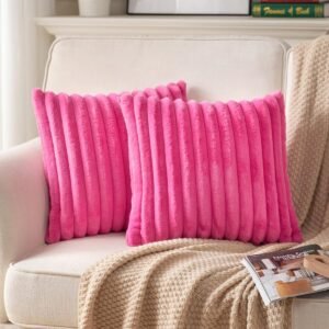 Pack of 2,Double-Sided Faux Fur Plush Decorative Throw Pillow Covers Fuzzy Striped Soft Pillowcase Cushion Covers for Sofa Couch Bedroom White 24x24 inch