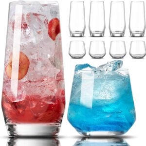 717IuSHlcDL._AC_SL1500.jpg Drinking Glasses Set of 8-4 Tall Glass Cups 18 oz & 4 Short Stemless Wine Glasses 13 oz, Highball Glasses, Glassware Sets for Cocktail, Beer, Wine, Whiskey, Water & Juice Drinkware