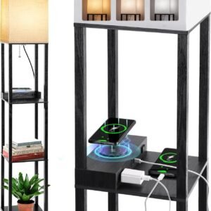 Floor Lamp with Shelves, Shelf Lamps with 3 Color Temperature LED Bulb,Storage Wood Texture Modern, Display Standing Lamp for Living Room,Office, Bedroom