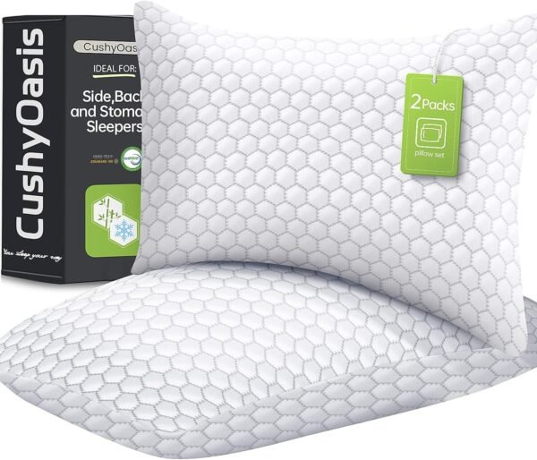 Shredded Memory Foam Pillow for Sleeping, Cooling Bed Pillows Set of 2, Adjustable Pillows for Side, Back, Stomach Sleepers with Washable Pillowcase (Queen Size, Grey)