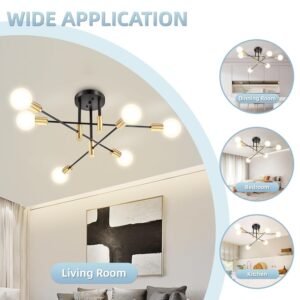 Modern Sputnik Chandelier, 6-Light Black Gold Ceiling Light Fixture, Industrial Sputnik Lights Fixture for Bedroom, Living Room, Dining Room, Kitchen, Hallway, E26 Base, Bulbs Not Included