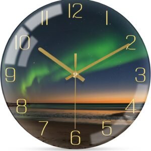 717zXquSPSL._AC_SL1500.jpg 12 Inch Modern Wall Clock, Aesthetic Black and Gold Bathroom Decor Accessories, Silent Battery Operated Decorative Aurora Clocks for Living Room/Kitchen/Office/Bedroom (Glass)
