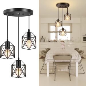 Industrial 3-Light Pendant Light, Adjustable Kitchen Hanging Ceiling Light Fixtures with Metal Cage, Black Farmhouse Pendant Lighting for Kitchen Island Dining Room Hallway, E26 Base