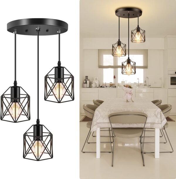 Industrial 3-Light Pendant Light, Adjustable Kitchen Hanging Ceiling Light Fixtures with Metal Cage, Black Farmhouse Pendant Lighting for Kitchen Island Dining Room Hallway, E26 Base