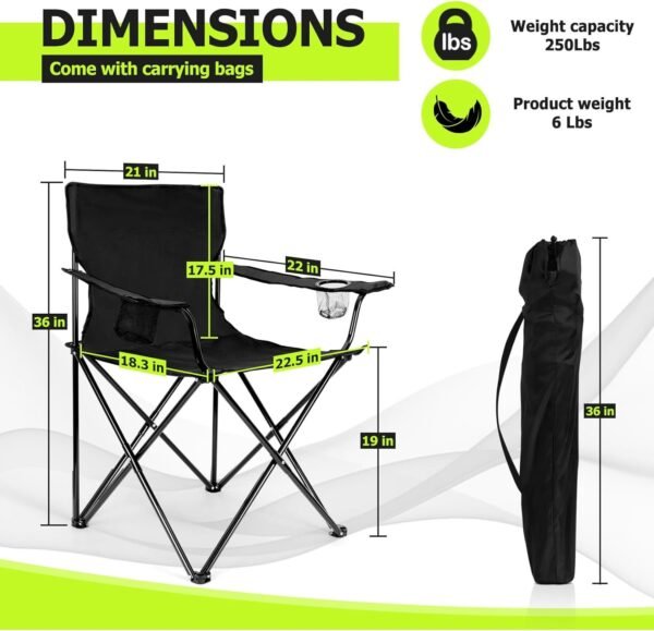 Portable Camping Chair, Large Outdoor Folding Chair for Adults, 600D Oxford Fabric Sturdy Foldable Chair for Beach, Fishing, Picnic Lawn and More Outdoor Sports, Carry Bag & Cup Holders, Black