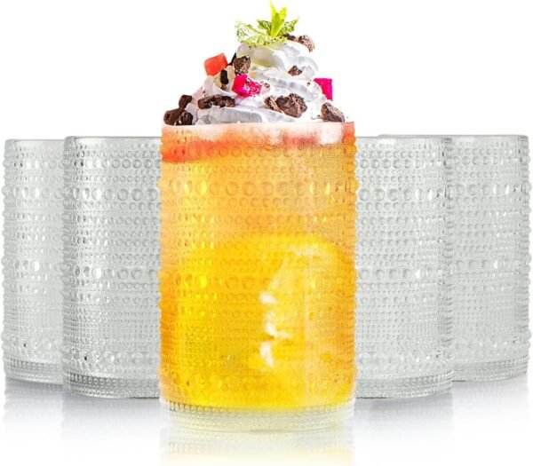 Highball Hobnail Drinking Glasses Set of 6,14 oz Vintage Glasses Drinking set,Glassware Set for Beer, Whiskey, Juice, Cocktail, Milk，Dishwasher Safe，Gift box packaging（Dark blue）