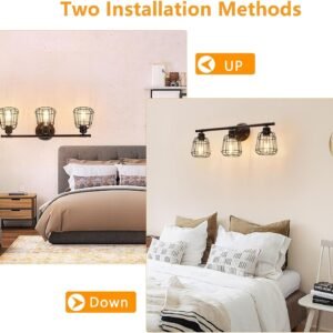 3-Light Bathroom Vanity Light Fixtures Over Mirror, Matte Black Bathroom Lighting Fixtures with Cage, E26 Base Farmhouse Wall Sconces for Bedroom Cabinets Living Room, UL Listed