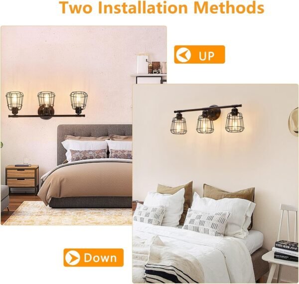 3-Light Bathroom Vanity Light Fixtures Over Mirror, Matte Black Bathroom Lighting Fixtures with Cage, E26 Base Farmhouse Wall Sconces for Bedroom Cabinets Living Room, UL Listed