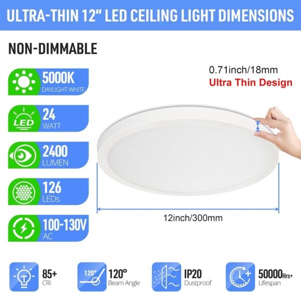 71AWWeBuyuL._AC_SL1500.jpg LED Flush Mount Ceiling Light Fixture, 5000K Daylight White, 2400LM, 12 Inch 24W White Round Flat Ceiling Lights, 240W Equiv. Non-Dimmable