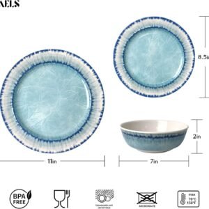 Melamine Dinnerware Set of 12 Pcs Dinner Dishes Set for Indoor and Outdoor Use, Dishwasher Safe, Lightweight Unbreakable, BPA Free, Light Blue