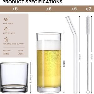 12-Pack 12oz Glass Cups with Straws, Drinkware Glasses Set for Water, Coffee, Cocktails