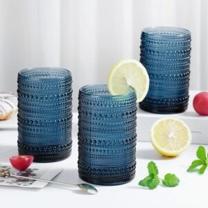 Highball Hobnail Drinking Glasses Set of 6,14 oz Vintage Glasses Drinking set,Glassware Set for Beer, Whiskey, Juice, Cocktail, Milk，Dishwasher Safe，Gift box packaging（Dark blue）