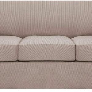 H.VERSAILTEX 3 Piece Stretch Sofa Covers for 2 Cushion Sofa Couch Covers for Living Room Furniture Cover (Base Cover Plus 2 Seat Cushion Covers) Thicker Jacquard Fabric(Large Sofa, Grey)