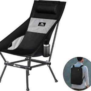 Camping Chair, Compact Backpacking Chair, Portable Folding Chair, Beach Chair with Side Pocket and headrest, Lightweight Hiking Chair 166ZZ-A （Black）