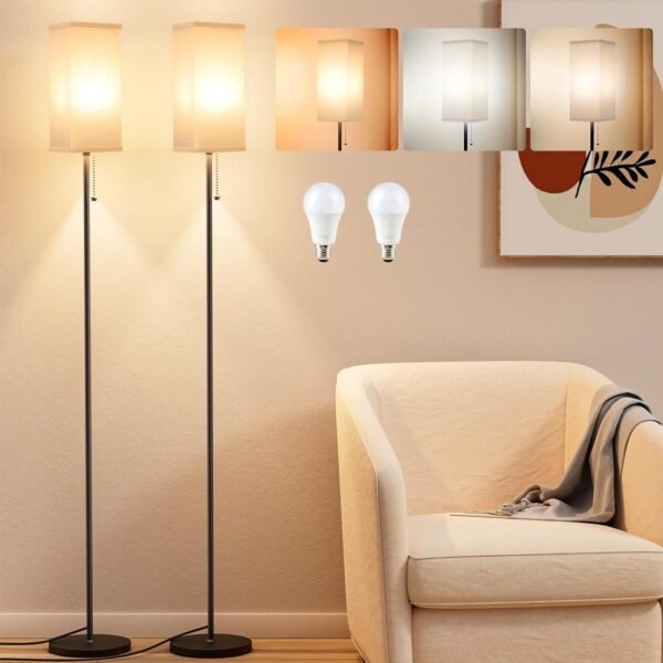 Tall Floor Lamp with Linen Shade - 3 Color Temperature, Black, LED Bulbs, Pull Chain Switch, Easy Assembly