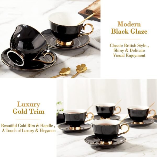 Tea Cups and Saucers Set of 4 (7.4oz), Luxury Tea Cup Set with Golden Trim, Black Coffee Cups with Metal Stand, British Porcelain Tea Party Set - Black